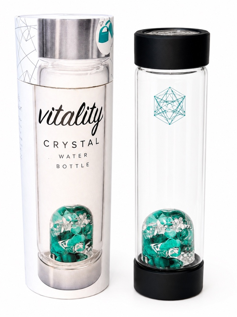 Vitality Glass Water Bottle | Emerald Quartz Crystal Infuser | New in Box